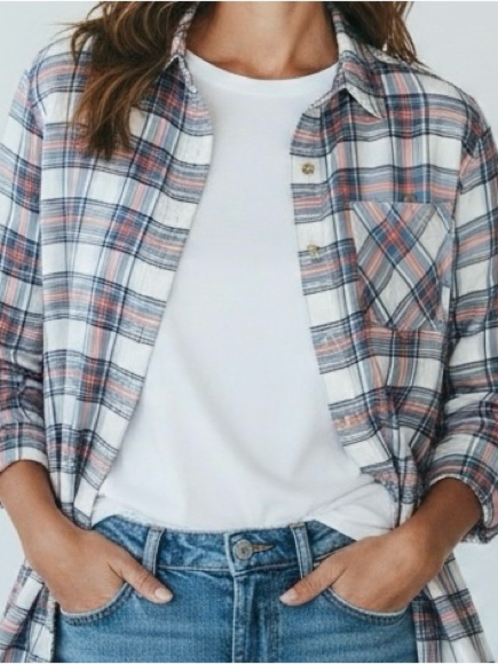 girl krazy White Plaid Button-Up Shirt with Blue and Coral Stripes